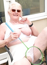 Sexy naked glasses granny showing off in her backyard